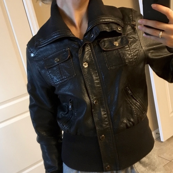 Faux Black Leather Jacket w/ Zippers/Pockets - Picture 3 of 8